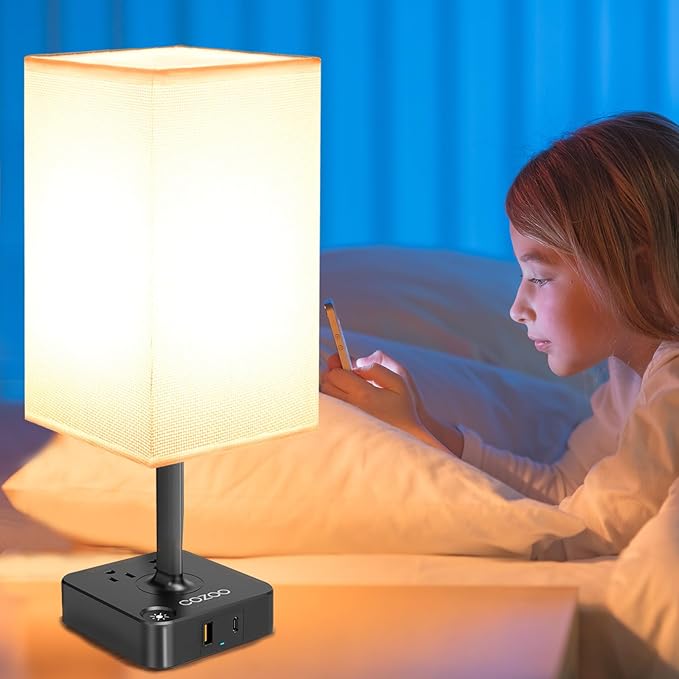 Table Lamp Dimmable cozoo USB Bedside Table Desk Lamp with 2 USB Charging Port(A+C) 2 Outlet,Nightstand Lamp with Charger Base White Fabric Shade,LED Touch Lamp for Bedroom/LivingRoom/Dorm/Home Office