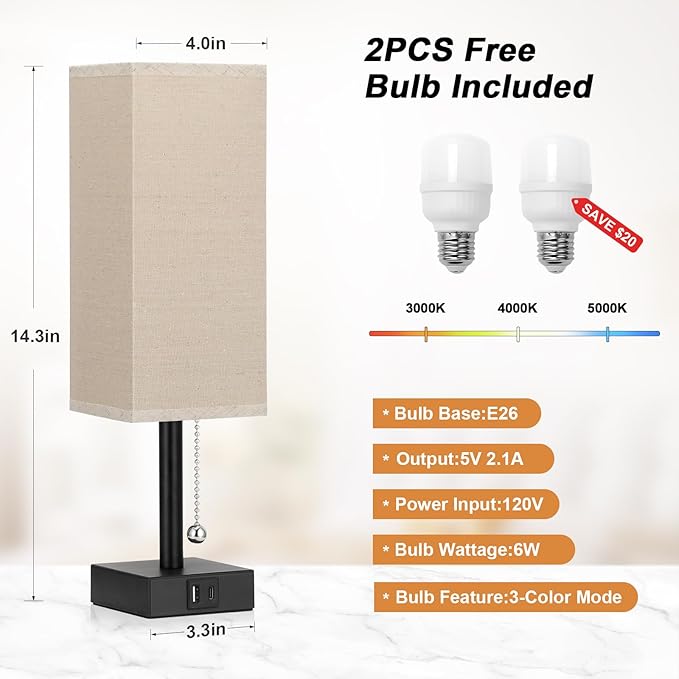 Beige Bedside Table Lamps Set of 2 - Square Bedroom Lamps with 3 Color Temperatures (3000K/5000K/4000K), Nightstand Lamps with USB C + A Charging Ports, Pull Chain Small Night Light for End Table