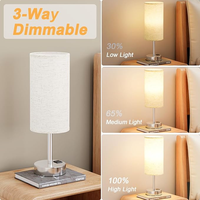 Dicoool Touch Table Lamp for Bedroom Nightstand - Bedside Lamp with USB-C USB-A Charging Ports White, 3 Way Dimmable Small Desk Lamp for Bedroom, Dorm Room, Office, Living Room, Reading, Bathroom