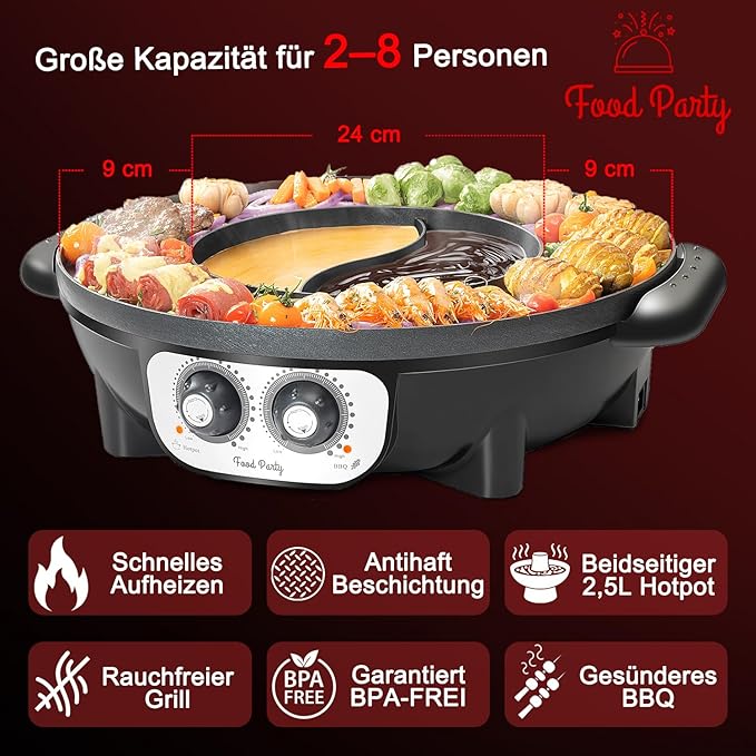 Food Party Hot Pot with Grill 2 in 1 Electric Smokeless Grill and Hotpot Pot