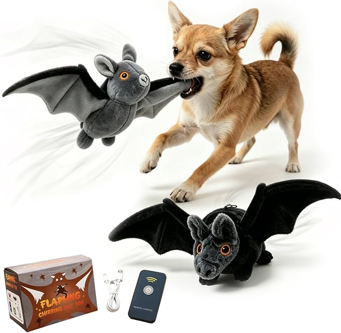 Interactive Flying Bat Dog Toy, Flapping Wings Cute Bat for Indoor Cats & Dogs, Automatic Flapping Wings with Chirping Sounds, Touch Activated, Rechargeable for Solo Play,Manual+Remote