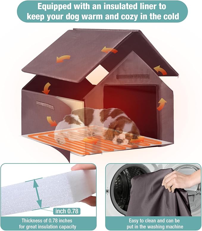 Insulated Dog House with Heating Pad, Weatherproof Outdoor Kennel for Large Dogs, Chew-Resistant Iron Frame & Asphalt Roof (Wood-H, XL)