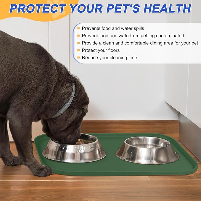 SMILOOL Waterproof Silicone Pet Food Mat with Raised Edge for Dog & Cat | 19" x 12" Non-Slip Pet Feeding Mats with Lip for Food & Water Bowl, Food Grade, Easy Cleaning, Dark Olive