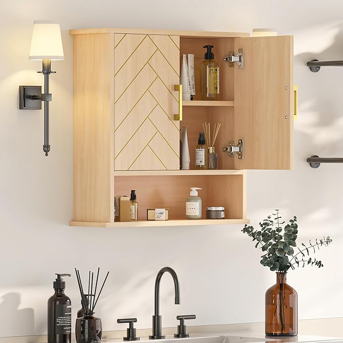 Natural Chevron Pattern Bathroom Wall Mount Cabinet, Over The Toilet Storage