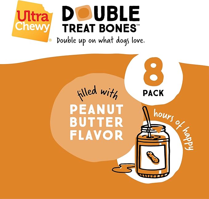 Ultra Chewy Peanut Butter Double Treat Bones: Long-Lasting Dog Treats Made in USA for Large and Small Breeds, Highly Digestible, Ideal for Aggressive Chewers (24 Count)