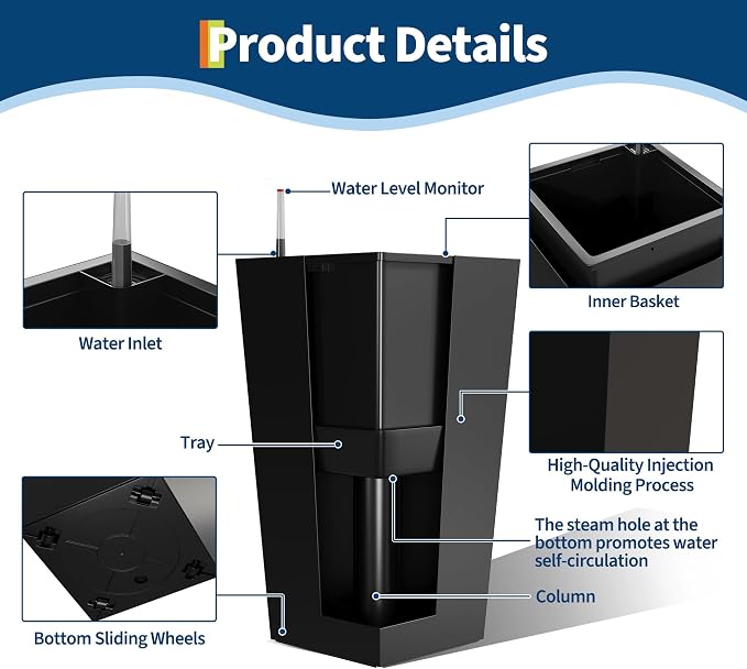 Garvee 30" Tall Planters Set of 2, Outdoor&Indoor Black Planter Pots, High Front Porch Planter Pots with Drainage Holes&Water Level Monitor&Inner Bucket,Black