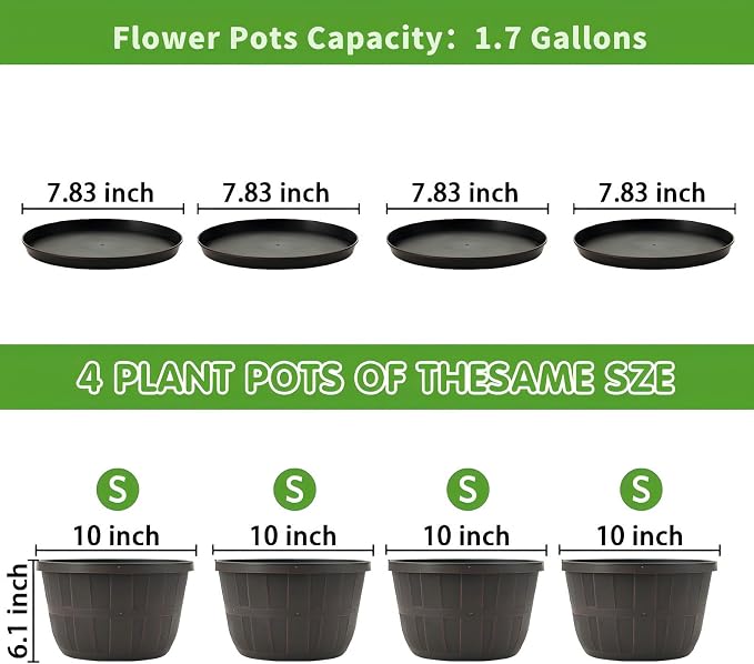 Quarut 10 inch Plastic Flower Pots for Outdoor Plants,4 Pack Large Outdoor Planter Pot with Drainage Holes & Saucers,Imitation Wine Barrel Design,for Indoor Outdoor Garden Plants(Brown)