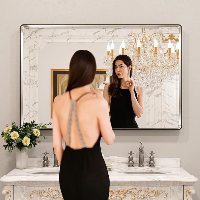 LOAAO 55X36 Inch Brushed Nickel Bathroom Mirror, Rounded Rectangle Silver Metal