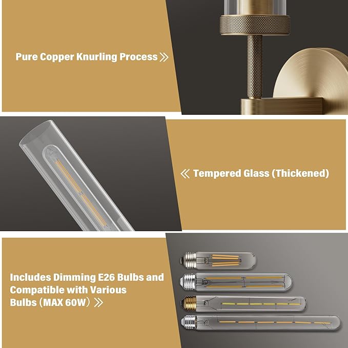 Brass Wall Sconces Set of Two, 19" Knurling Gold sconces Wall Lighting, Bathroom Vanity Light Fixtures, Modern Wall Lights for Bathroom, Mirror, Living Room, Hallway,Staircase