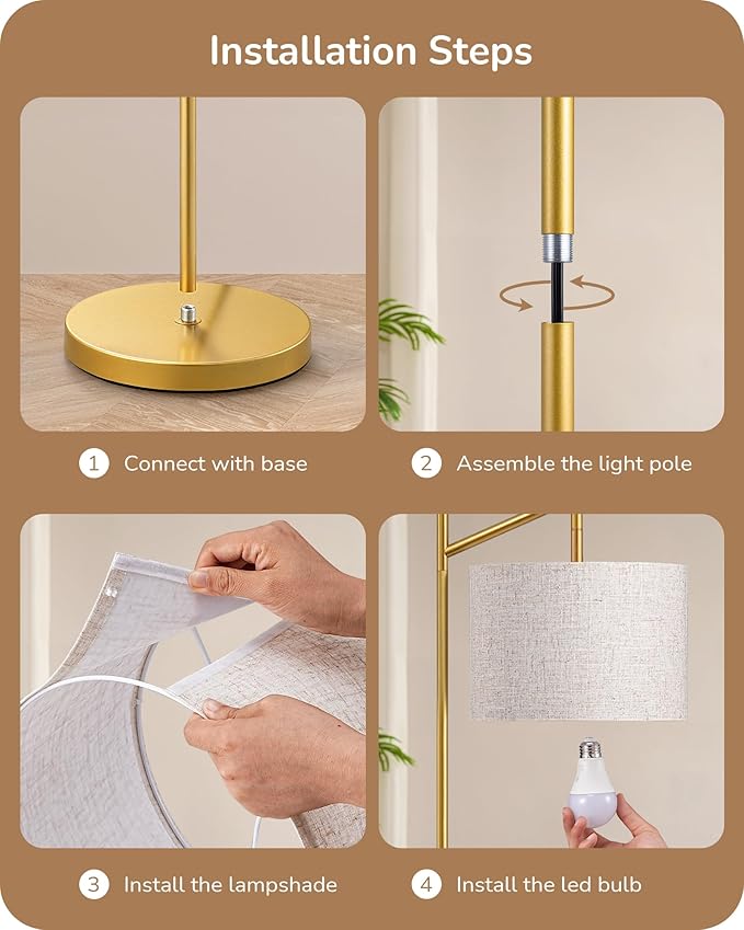 EDISHINE 64.7" Modern Minimalist Floor Lamps for Living Room with 3 Color Temperatures Bulb & Adjustable Linen Shade, Foot Pedal Switch, Tall Standing Lamp for Bedroom Office, Gold