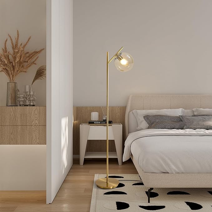 Mid Century Modern Floor Lamp for Living Room Retro Vintage Brass Standing Light Industrial Cognac Glass Globe Floor Freestanding Lamp for Office Hotel Bedroom