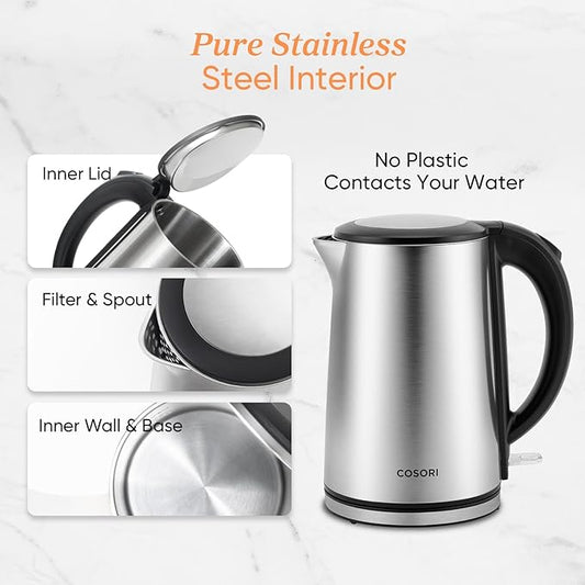 Cosori Electric Kettle, No Plastic Inner Lid, Filter & Spout, Stainless Steel