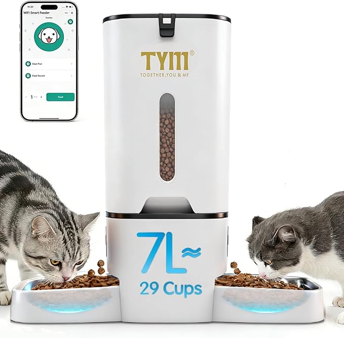 TYM Dual Automatic Cat Feeder for 2 Cats, 7L WiFi Cat Food Dispenser