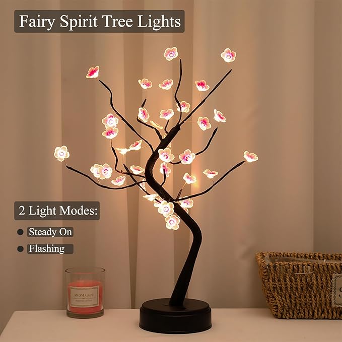 36 LED Cherry Blossom Sparkly Fairy Spirit Tree Lights, Twinkling Tree 3AA&USB Powered, Tabletop DIY Artificial Tree Lamp for Bedroom Christmas Indoor Room Decor Lights (Warm White)