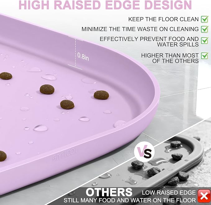 SMILOOL Waterproof Silicone Pet Food Mat with Raised Edge for Dog & Cat | 24" x 16" Non-Slip Pet Feeding Mats with Lip for Food & Water Bowl, Food Grade, Easy Cleaning, Lavender