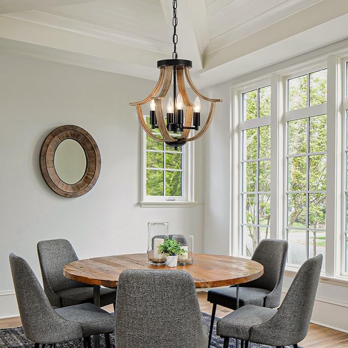 Farmhouse Hanging Pendant Lighting, 4-Light Rustic Flush Mount Ceiling Light Fixture,Modern Faux Wood Vintage Chandelier for Dining Room Kitchen Island Foyer Hallway Entryway Bedroom