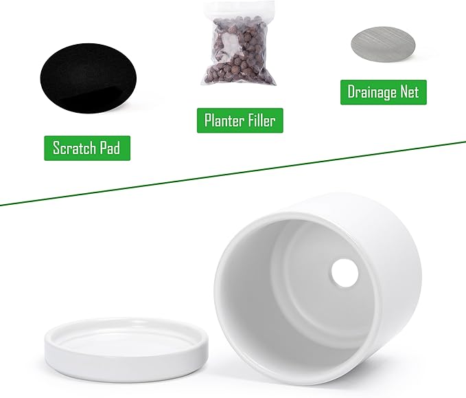 D'vine Dev 3.5 Inch Ceramic Planter Pot with Drainage Hole and Saucer, Indoor Cylinder Round Planter Pot, White, 94-O-A-1