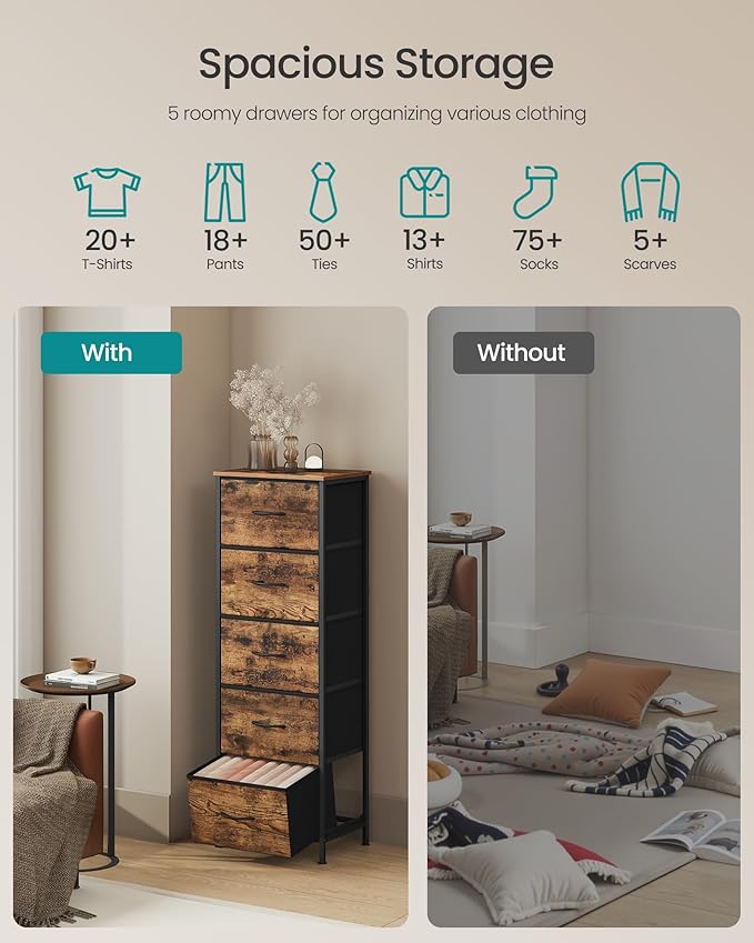 SONGMICS Dresser for Bedroom, Chest of Drawers, 5 Non-Woven Fabric Drawers