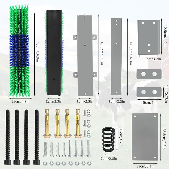 Livestock Scratch Brush With Spring Iron Holder,Animal Back Scratching Brush Including 4pcs goat brushes, 4 stands and accessories For Cow,Cattle,Sheep, Horses,Pigs,Massage Grooming Tool(Green)