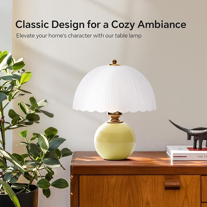 Ceramic Table lamp, Modern Bedside Lamps Mid Century Vintage Desk Lamp Retro Glass Mushroom Traditional Lamp for Nightstand Living Room Bedroom Home Decor (S05YE-1PACK)