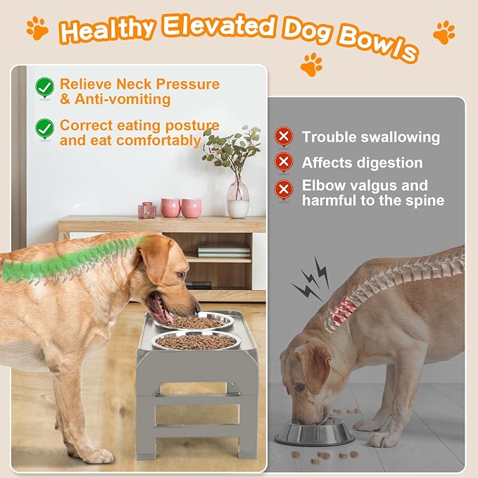 Elevated Bowls, 4 Height Adjustable Raised Stand With 2 Thick 50oz Stainless Steel Food Bowls, Non-Slip Feeder for Dogs, Adjusts to 3.7", 9.2", 10.75", 12.36" Light Brownish Gray