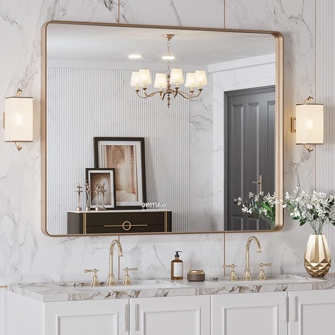 LOAAO 40"X32" Gold Bathroom Mirror, Rounded Rectangle Gold Frame Mirror