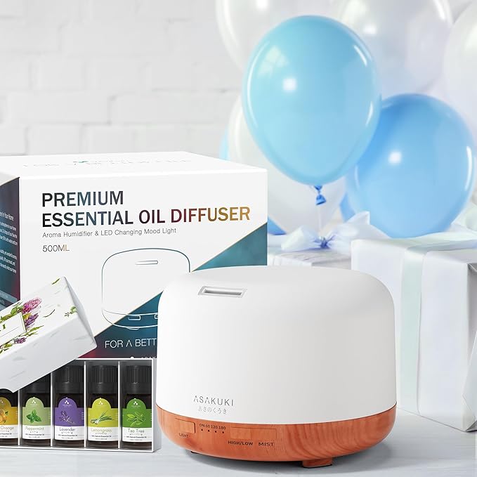 ASAKUKI Oil Diffuser with Essential Oils Set, 500ml Aromatherapy Humidifier