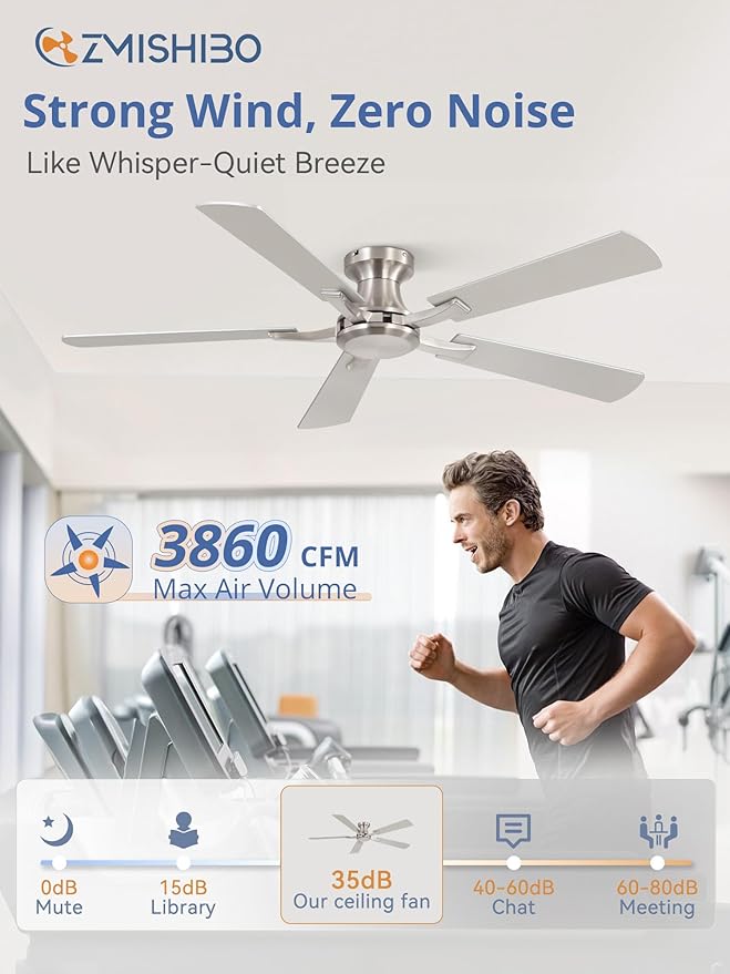 ZMISHIBO 52 Inch Ceiling Fan No Light, Flush Mount Low Profile, Modern Nickel