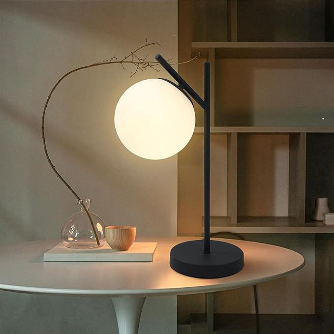 Mid Century Modern Table Lamp Contemporary White Glass Globe Table Lamp Vintage Nordic Desk Lamp Metal Nightstand Lamp for Office Study Room Bedroom(H19.2)