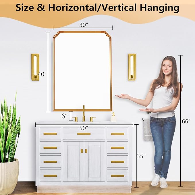 30" x 40" Wood Bathroom Mirror for Over Sink, Rustic Rounded Corner Vanity