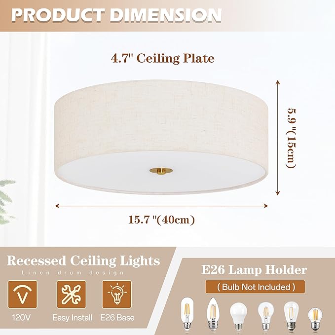 15.7 Inch Flush Mount Ceiling Light Fixture 3-Light Drum Modern Gold Ceiling Light Fixture Dimmable Close to Ceiling Light Fixture with Fabric Shade for Living Room Hallway Entryway Kitchen Bedroom