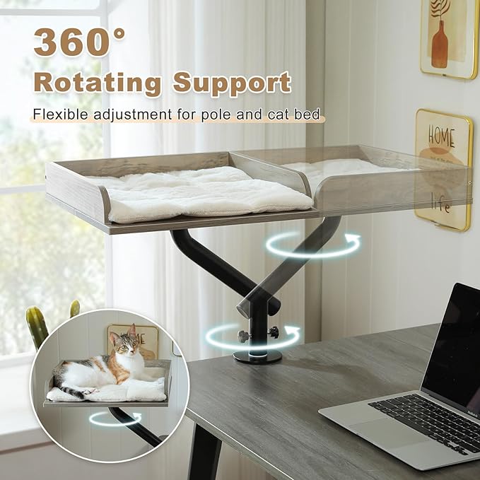 PAWZ Road Cat Desk Bed, Wooden Cat Bed for Desk Supports Up to 50 lbs, 360° Rotation & Adjustable, Nest Desktop Attachment Cats Hammock for Table, Gray