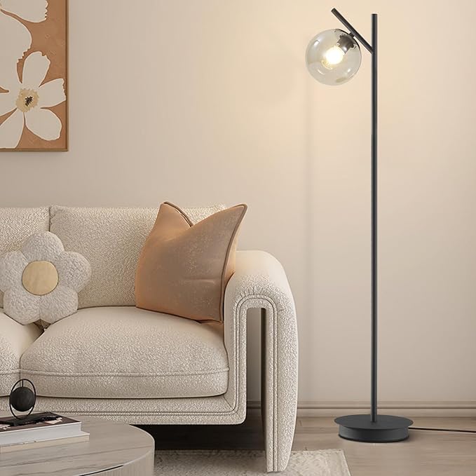 Vintage Floor Lamp for Living Room Mid Century Black Floor Freestanding Lamp Farmhouses Cognac Glass Globe Standing Tall Pole Lamp for Study Room Hotel Bedroom