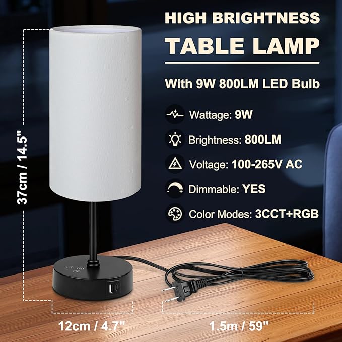 Unicozin Small Table Lamp, 3 CCT 3000K/4500K/6500K & RGB Color Changing, Stepless Dimmable Bedside Lamp for Reading, Touch Control Ambience Nightstand Light for Home Decor Party, Cream Shade