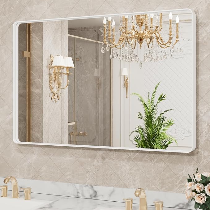 LOAAO 48x30 Inch White Metal Framed Bathroom Mirror