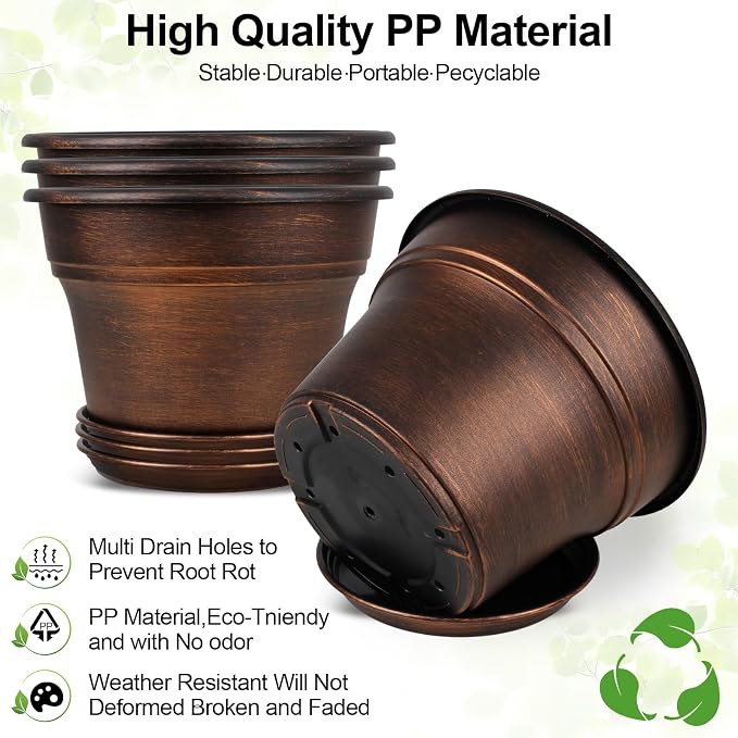 Plant Planters Pots Set of 4 Pack 13 Inch,Large Plastic Flower Pot For Indoor Plants With Drainage Holes & Trays, Resin Decorative Container Sets With Saucer For House Outdoor Garden Plant Copper