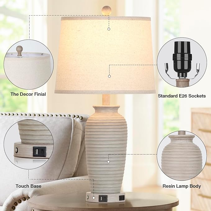 25" Farmhouse Jar Table Lamps Set of 2, 3 Way Touch Control Rustic Bedside Lamps with USB A+C Ports & AC Outlet, Pot Nightstand Lamps for Bedroom Living Room (LED Bulbs Included)