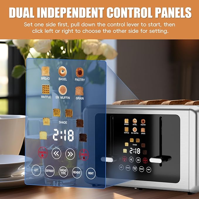 4 Slice Toaster, Touchscreen & Dual Independent Control Panel,5 Basic Functions