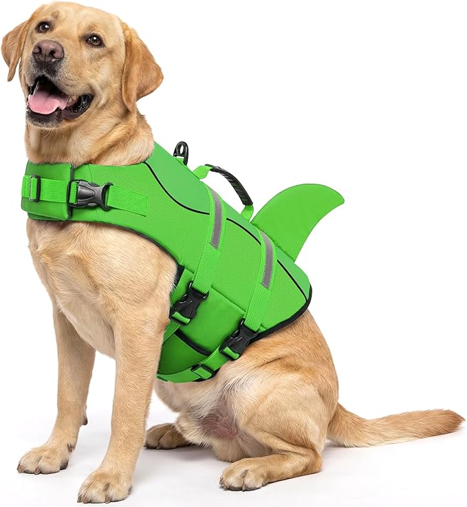 Dog Life Jacket High Flotation, Reflective Dog Life Vest for Swimming, Adjustable Dogs Life Preserver Rescue Handle Spring Summer Pool for Small, Medium, Large Dogs (BrightGreen,L)