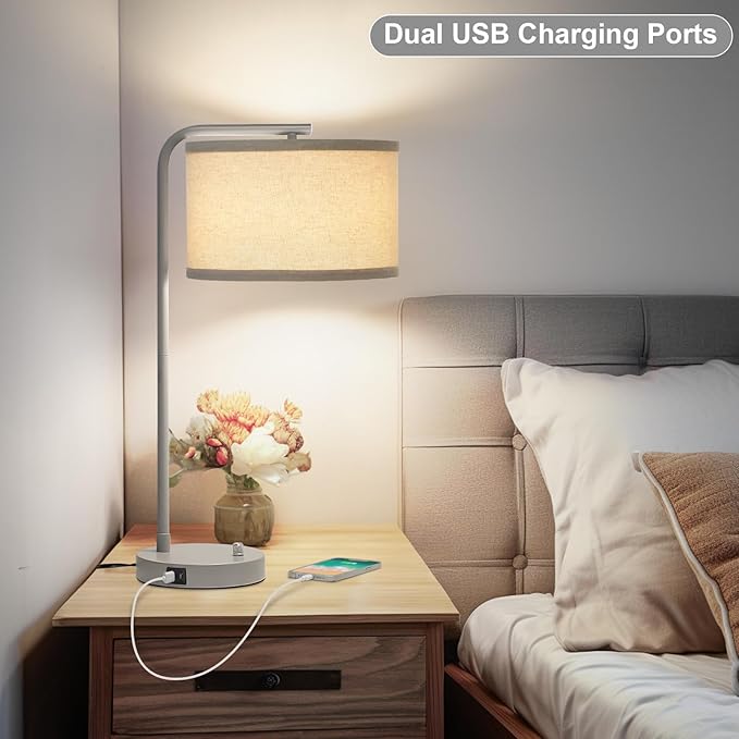 Table Lamp with USB C+A Ports, Fully Dimmable Nightstand Lamp for Living Room, Modern Grey Bedside Lamp, Tall Table Lamp with Beige Shade Minimalist Desk Lamp for Bedroom Office, LED Bulb Included