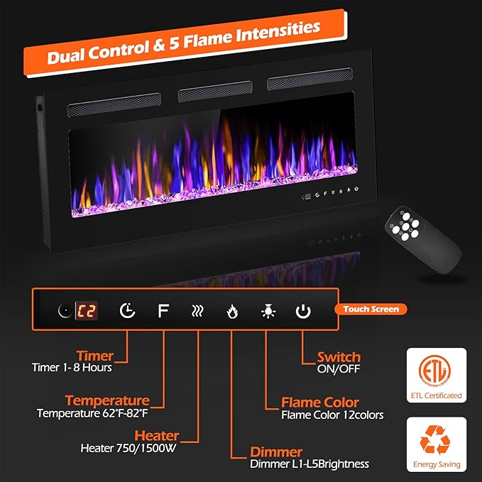 40" Electric Fireplace Wall Mounted and Recessed