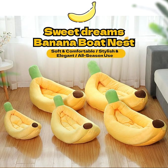 Banana Pet Bed for Small Dogs and Cats, Cozy Enclosed Calming Cave Bed with Removable Plush Cushion for Indoor Kittens Puppies Small Pets (Banana Bed, Small)