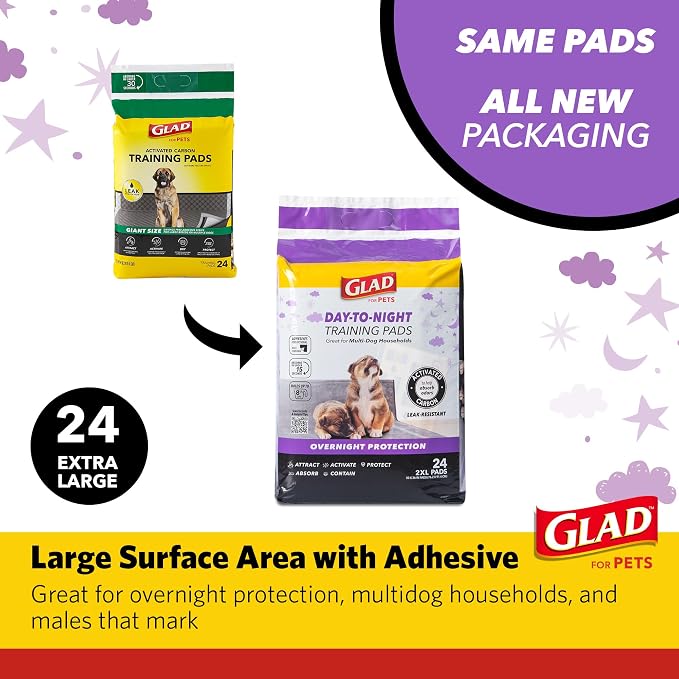 Glad for Pets Giant Activated Carbon Training Pads, 30 x 36 In, 24 Ct, 3-Pk | Adhesive backing and wall protection for leak-proof, super-absorbent day-to-night coverage