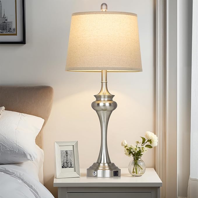 30" Silver Table Lamps Set of 2, 3 Way Touch Control Living Room Lamp with USB A+C Ports, Modern Brushed Nickel Bedroom Lamps, Tall Metal Bedside Lamp for Nightstand Desk Side Table Office