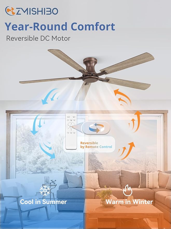ZMISHIBO 60 Inch Ceiling Fan No Light, Flush Mount Low Profile, Farmhouse Brown