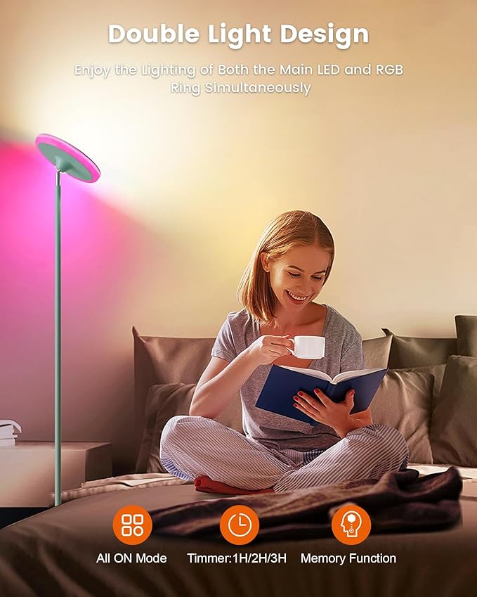 Bright Floor Lamp for Living Room, 42W LED Room Lights with Remote, 3700LM RGBW Modern Tall Standing Light, Color & Brightness Dimmable, UFO Ring Lamp,1/2/3H Timer for Bedroom,Office(Blue