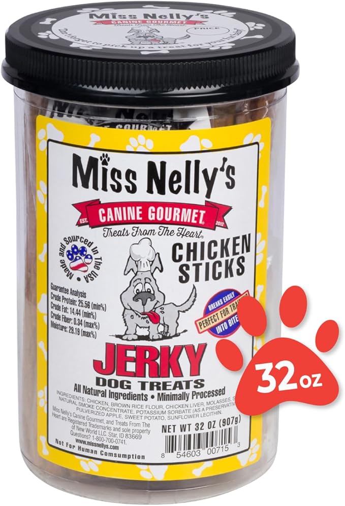 Miss Nelly's - Chicken Jerky Dog Treats - Soft Sticks - USA Made and Sourced - Original Smoke House Recipe - Small Batch Chicken Jerky for Dogs - Minimally Processed - 32 oz. Jar
