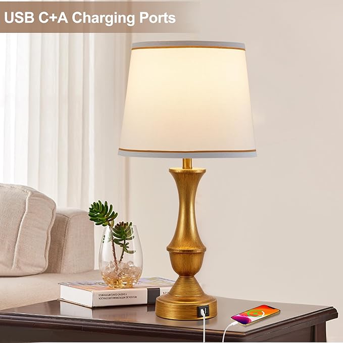 Luvkczc Gold Touch Table Lamps Set of 2, 22" Bedside Lamps with USB C+A Ports,Dimmable Nightstand Lamps with White Lampshade,Table Lamps for Bedroom Living Room Bedroom Office, Bulbs Included