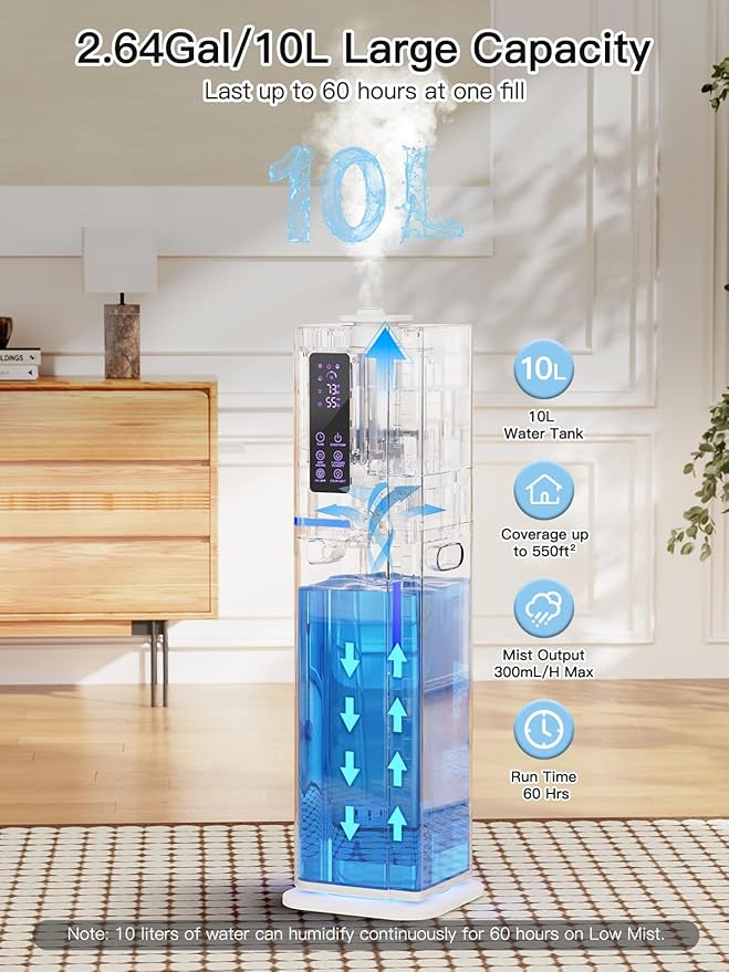 Zeova 10L/2.64Gal Humidifiers for Bedroom, Top Fill Quiet Ultrasonic Cool Mist