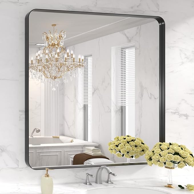 LOAAO 36X36 Inch Black Metal Framed Bathroom Mirror